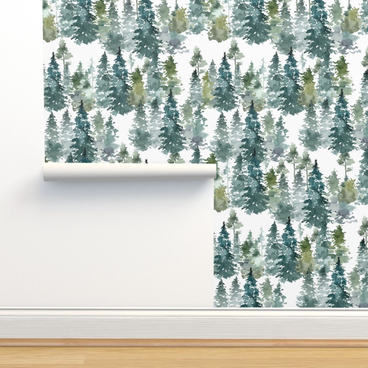 Woodland Pine Trees White Winter Christmas Snowy Watercolor Green Holiday Forest Custom Removable Wallpaper by Spoonflower Peel & Stick Wallpaper 2FT Wide